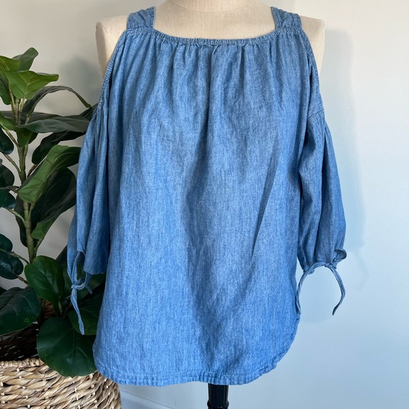 MADEWELL linen cotton blend chambray denim blue top cold shoulder 3/4 sleeves - Picture 3 of 10